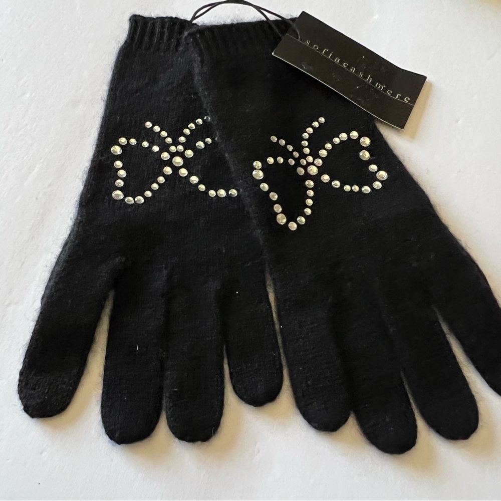 SOFIA CASHMERE SILVER CRYSTAL STUD EMBELLISHED CASHMERE GLOVES BLACK OS NWT